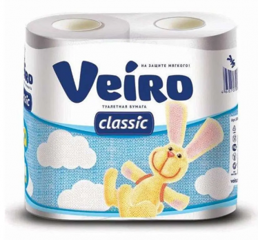 Бумага туалетная Veiro "Classic", 2-х слойная, 4 рулона в упаковке, белая