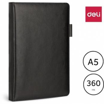 Ежедневник недатированный Deli А5, 360 страниц, кожзам, черный
