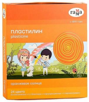 Пластилин "Оранжевое солнце", 24 цв. (6 классич., 6 с блеск., 6 флуор., 6 перл.) (Гамма)